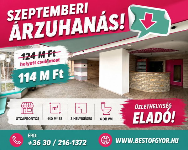 Eladó üzlethelyiség, Győrött 124.9 M Ft, 3 szobás
