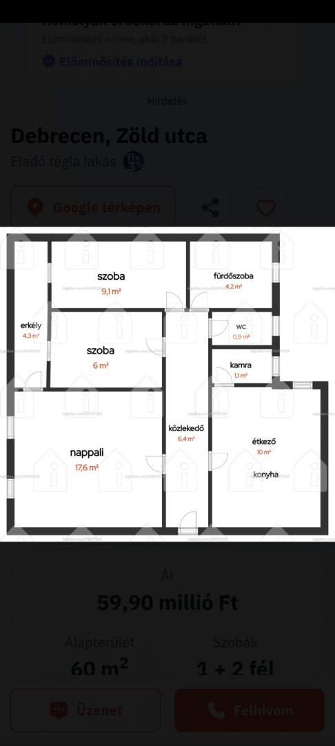 Lakás · 3 hálószoba · 60 m² · 54.900.000 Ft