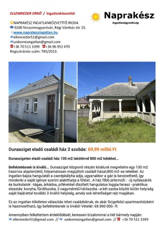 Eladó családi ház, Dunaszigeten 69.99 M Ft, 2 szobás