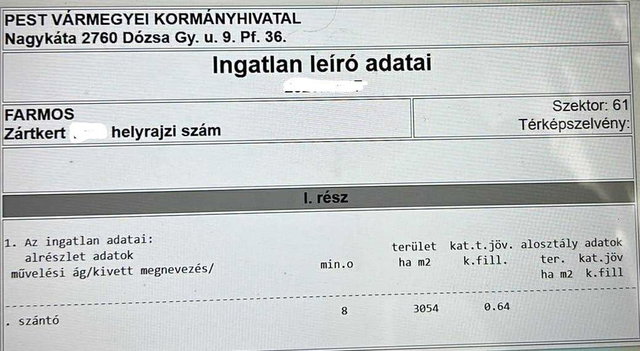 Eladó telek, Farmoson, Öregszőlő utcában 1.5 M Ft