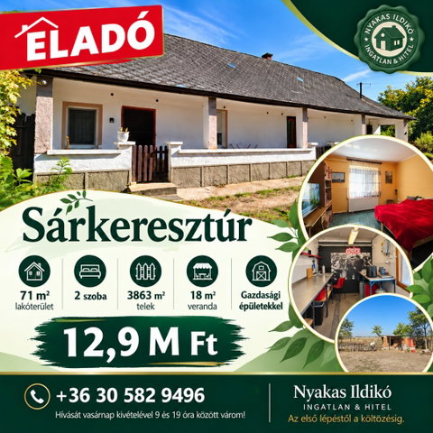 Eladó családi ház, Sárkeresztúron 12.9 M Ft, 2 szobás