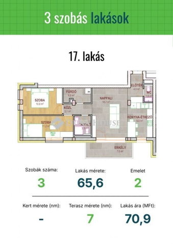 Eladó téglalakás, Tatabányán 70.9 M Ft, 3 szobás