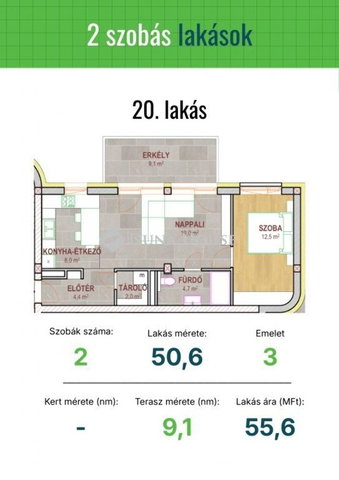 Eladó téglalakás, Tatabányán 55.6 M Ft, 2 szobás