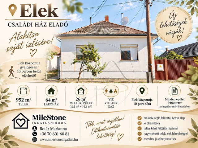Eladó családi ház, Eleken 10.99 M Ft, 3 szobás