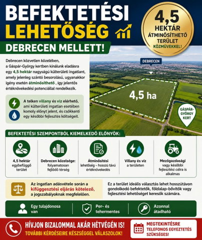 Eladó mezogazdasagi ingatlan, Debrecenben 119.9 M Ft
