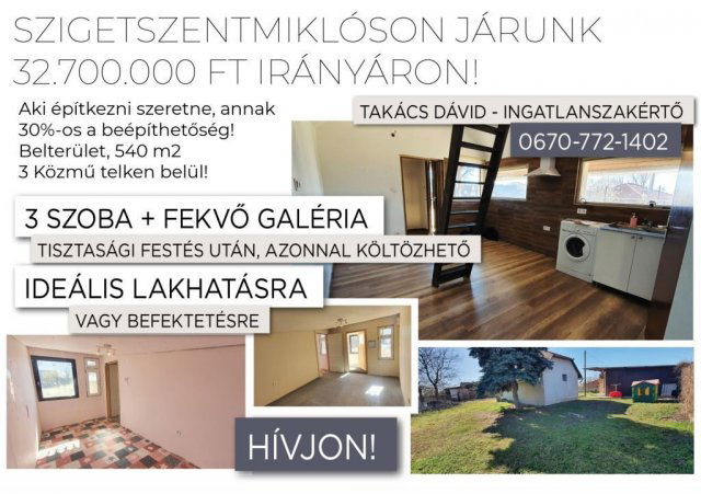 Eladó családi ház, Szigetszentmiklóson 32.7 M Ft, 3+1 szobás