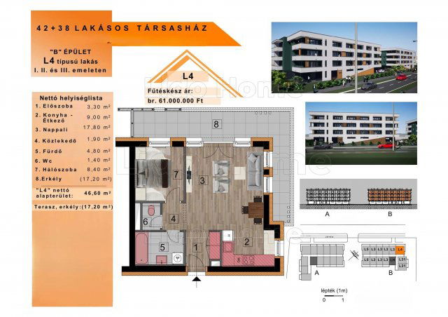 Eladó téglalakás, Győrött 61 M Ft, 2 szobás