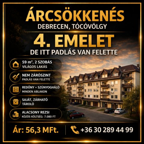 Eladó panellakás, Debrecenben 58.49 M Ft, 2 szobás