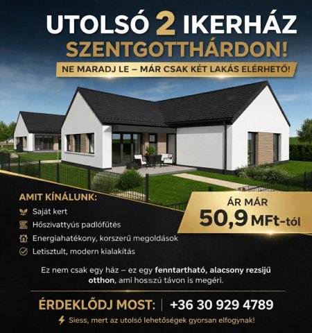 Eladó ikerház, Szentgotthárdon 50.9 M Ft, 1+2 szobás