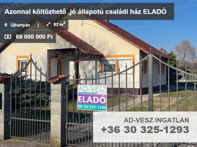 Eladó családi ház, Újhartyánon 69 M Ft, 2 szobás