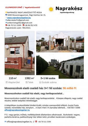 Eladó családi ház, Mosonszolnokon 56 M Ft, 3+1 szobás