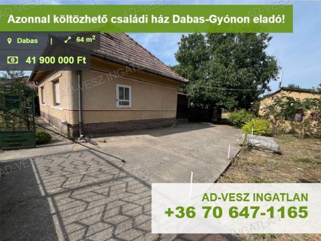 Eladó családi ház, Dabason 41.9 M Ft, 2 szobás