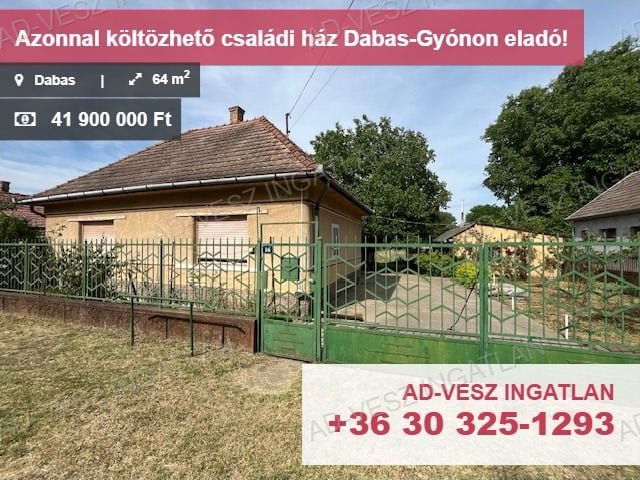 Eladó családi ház, Dabason 41.9 M Ft, 2 szobás