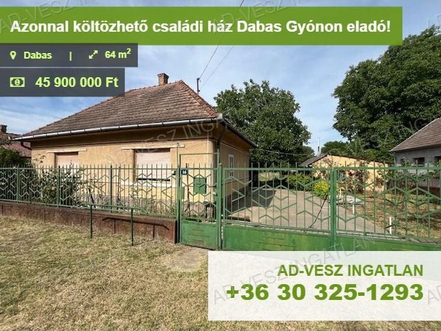 Eladó családi ház, Dabason 45.9 M Ft, 2 szobás