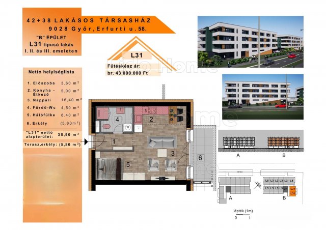 Eladó téglalakás, Győrött 43 M Ft, 1+1 szobás