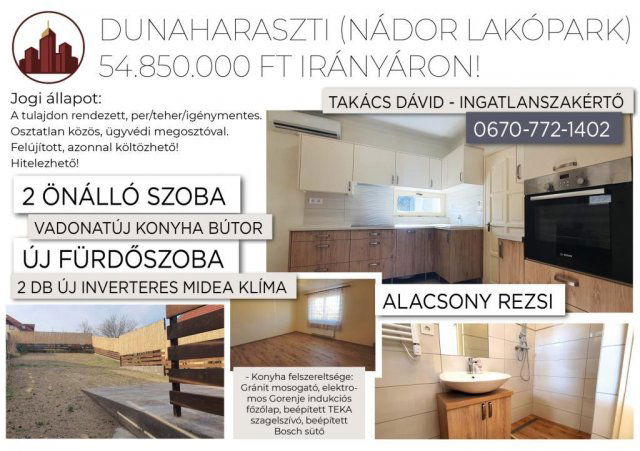 Eladó családi ház, Dunaharasztin 54.85 M Ft, 2 szobás