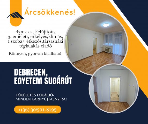 Eladó téglalakás, Debrecenben, Egyetem sugárúton 48.9 M Ft