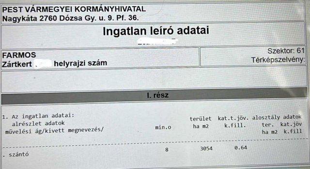 Eladó telek, Farmoson, Öregszőlő utcában 1.5 M Ft