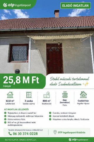 Eladó családi ház, Szabadszálláson 25.8 M Ft, 2+1 szobás
