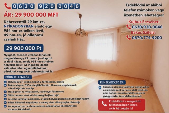 Eladó családi ház, Nyíradonyban 27.9 M Ft, 1 szobás