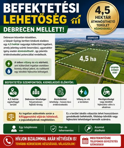 Eladó mezogazdasagi ingatlan, Debrecenben 145 M Ft