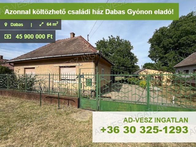 Eladó családi ház, Dabason 45.9 M Ft, 2 szobás